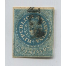 ARGENTINA 1862 GJ 09 ESCUDITO de 15 Cts. CON INFIMO ADELGAZAMIENTO Y MATASELLO FRANCA DE GUALEGUAYCHU U$ 245 + 100 %